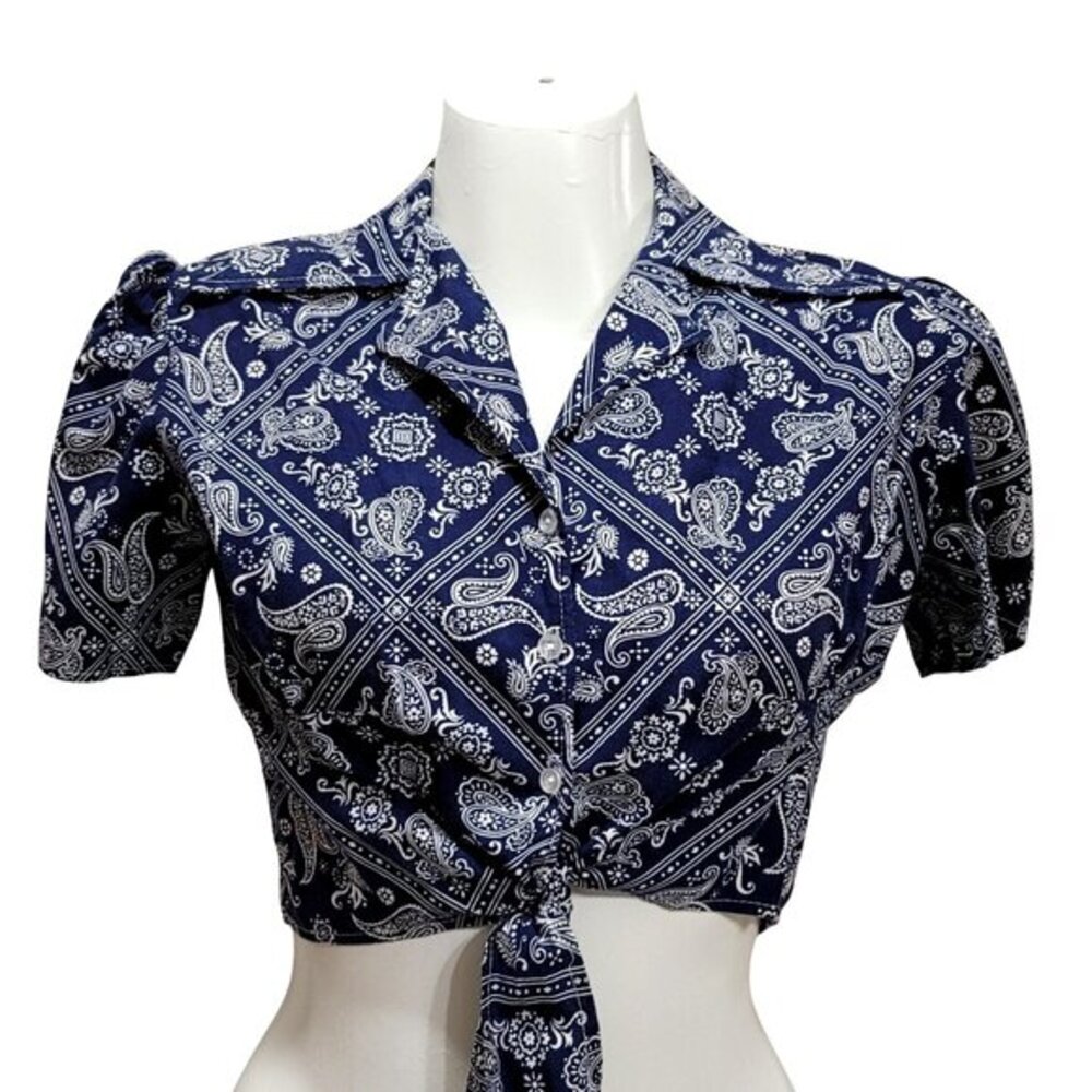 Vintage Bandana Cropped Tie-Front Blouse Short Sleeve L Blue - Picture 2 of 9